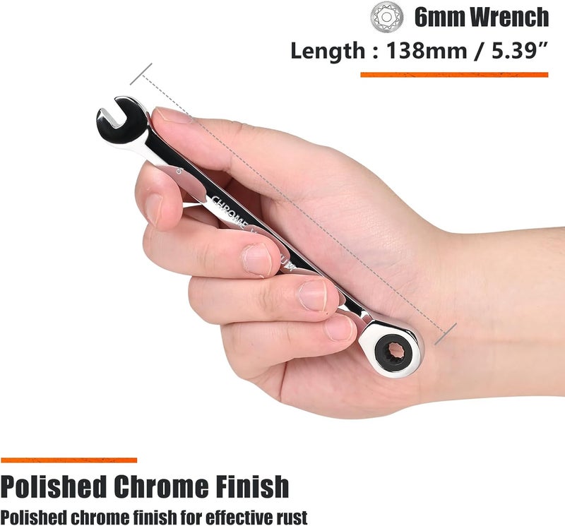 Egofine 6mm Ratcheting Combination Wrench Metric, Industrial Grade Gear Spanner with 12-Point Design, 72-Tooth Ratchet, Chrome Vanadium Steel - Image 3